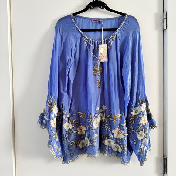 New Johnny Was Indina Blouse Blue Floral Embroidery Lace Long Sleeve Sz S - Picture 2 of 10